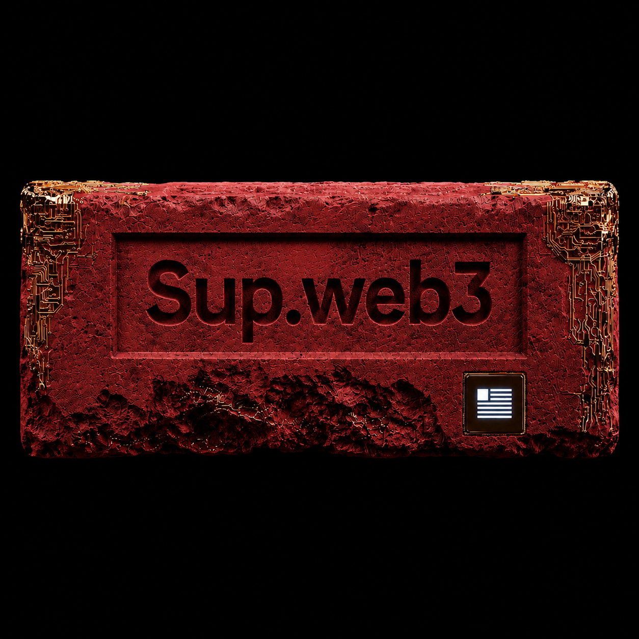 Front view of the SUP.WEB3 Brick — cracked red wasteland shell with embossed Sup.web3 mark and chip