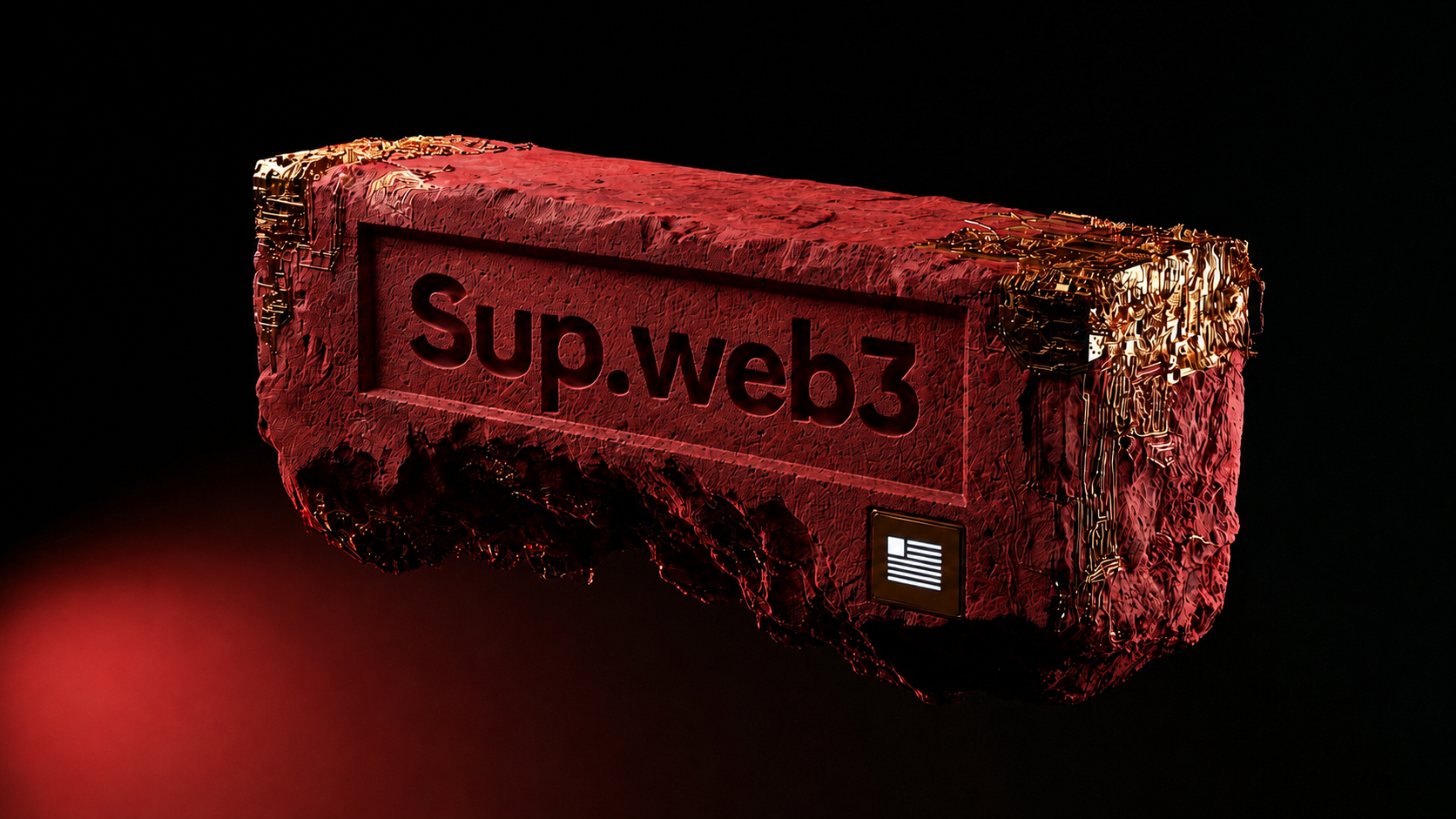 The SUP.WEB3 Genesis Brick — a red circuit-textured block with glowing gold circuitry